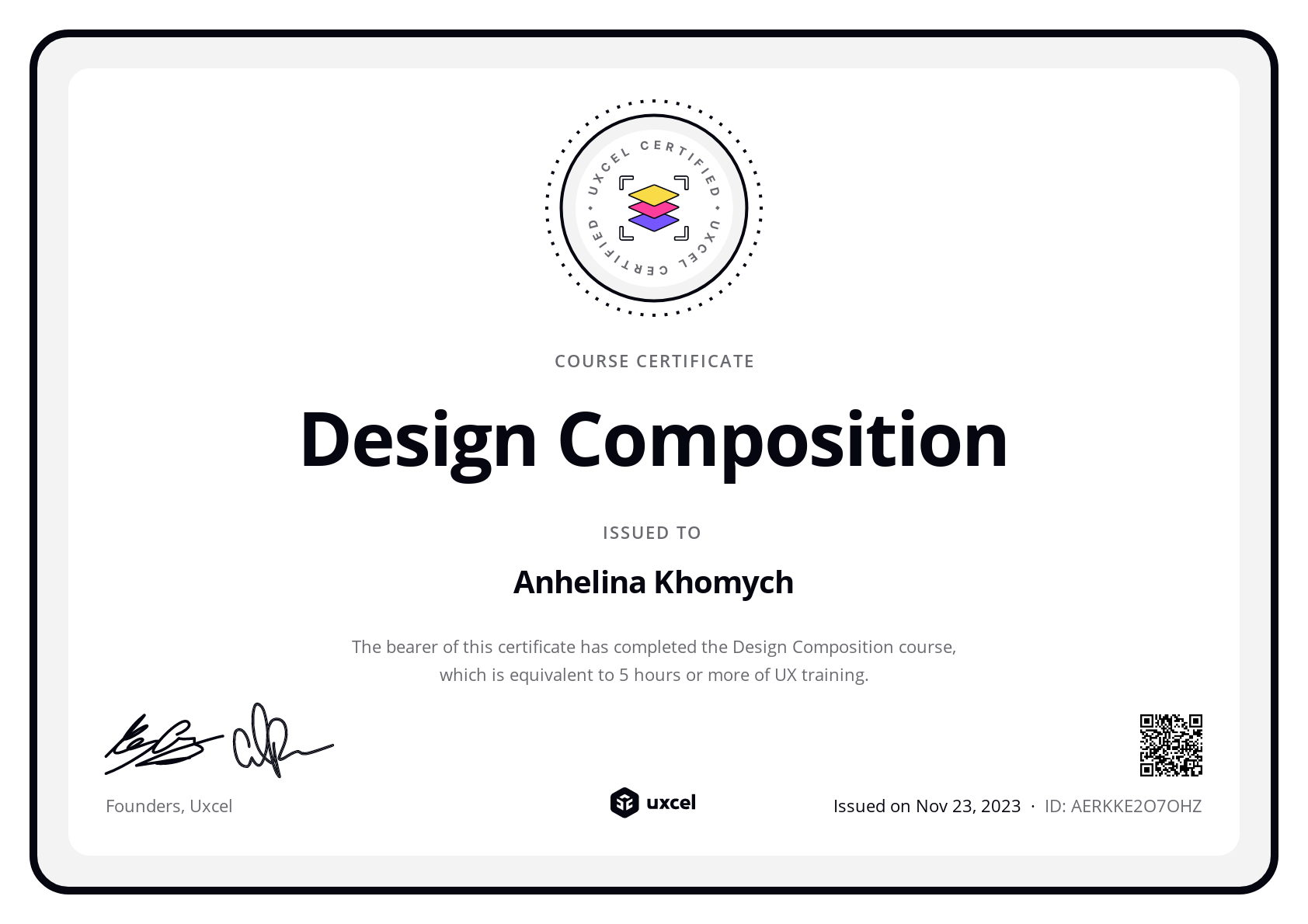 Anhelina Khomych's certificate